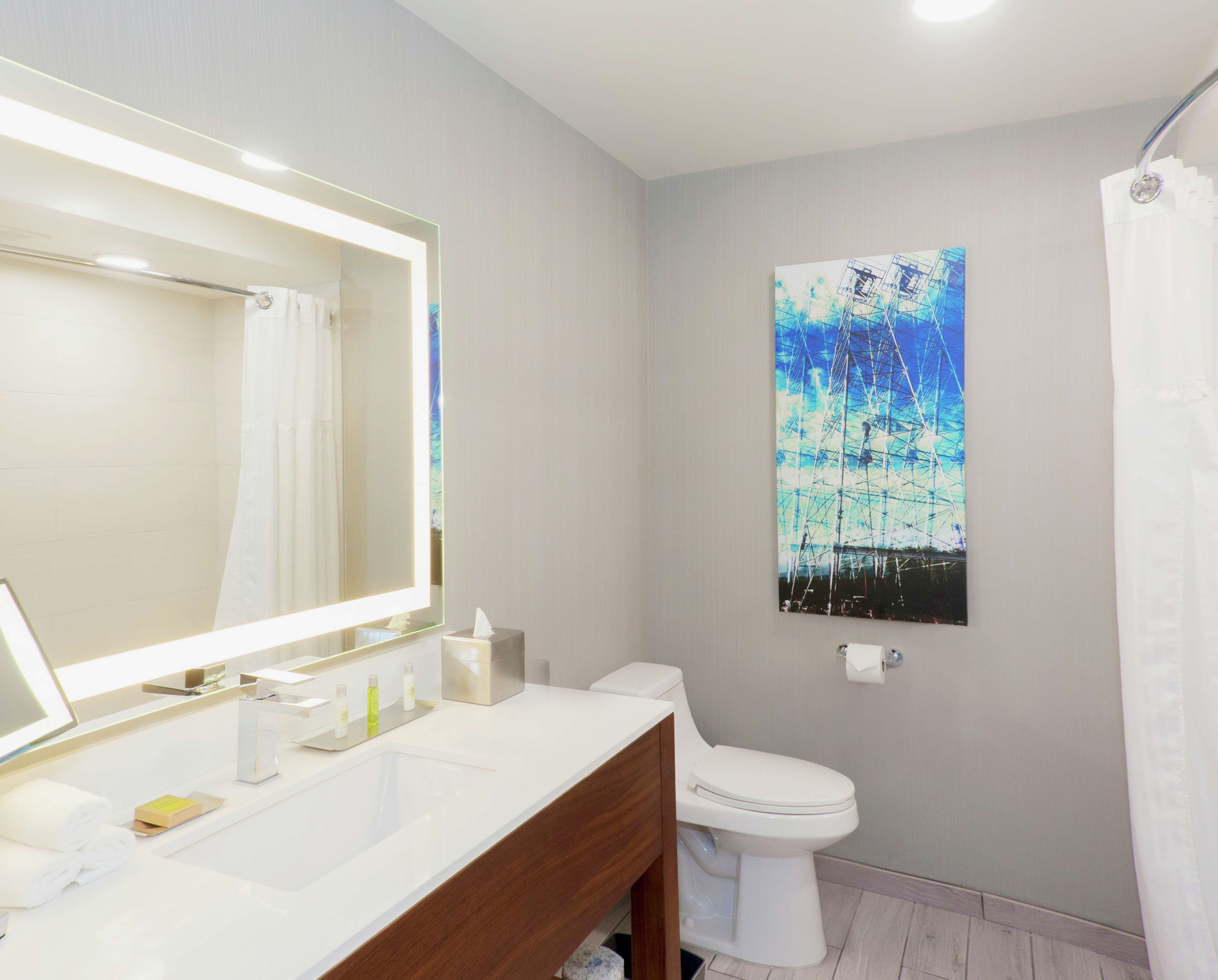 A bathroom with a white sink, mirror, and toilet. There is a painting on the wall and a shower curtain.