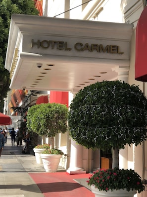 A hotel entrance with a sign reading "HOTEL CARMEL." There are potted plants and a red carpet leading to the entrance. - Hotel Carmel (Santa Monica)