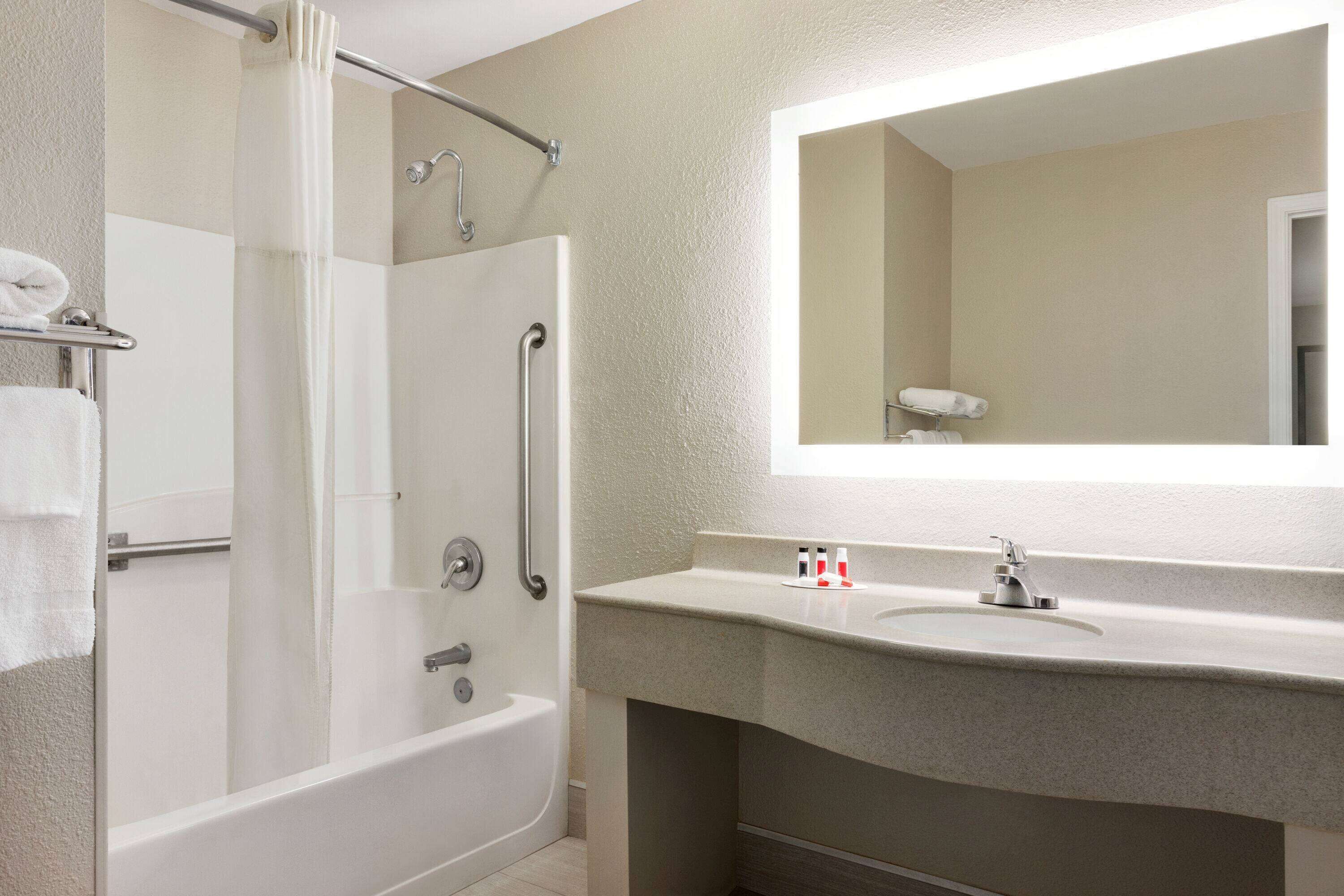 A bathroom with a walk-in shower, a bathtub, a sink, and a large mirror.