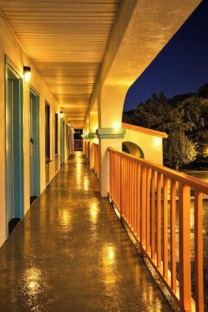 A corridor with doors, a railing, and a view of trees.