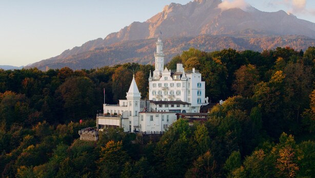 A large, white, multi-story building with a prominent tower, surrounded by dense forest and mountains in the background. - Chateau Guetsch (Lucerne)