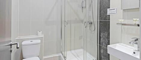 A modern bathroom with a glass-enclosed shower, a white toilet, and a sink with a mirror.
