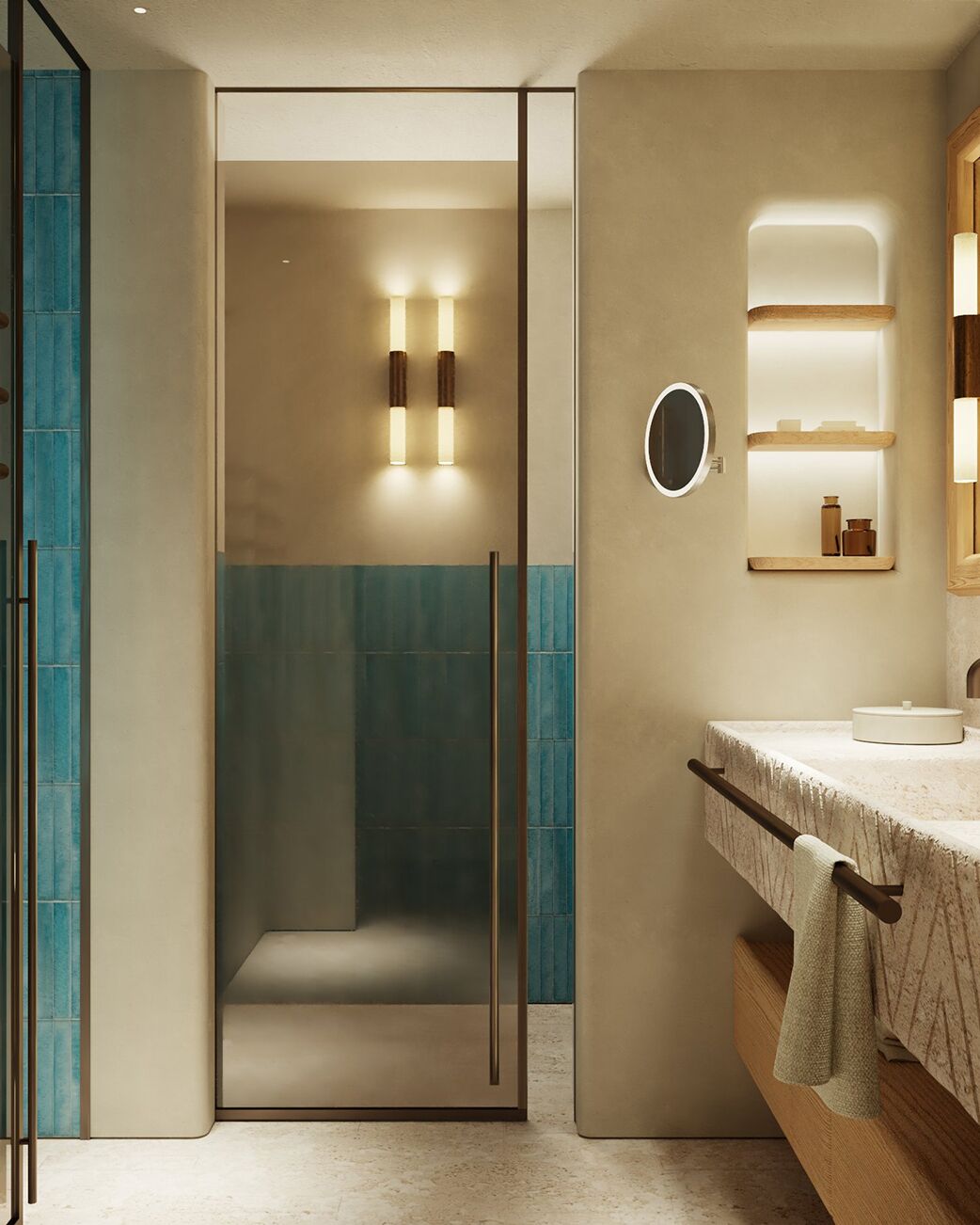 Un bagno moderno con cabina doccia in vetro, lavabo con specchio e illuminazione a parete.