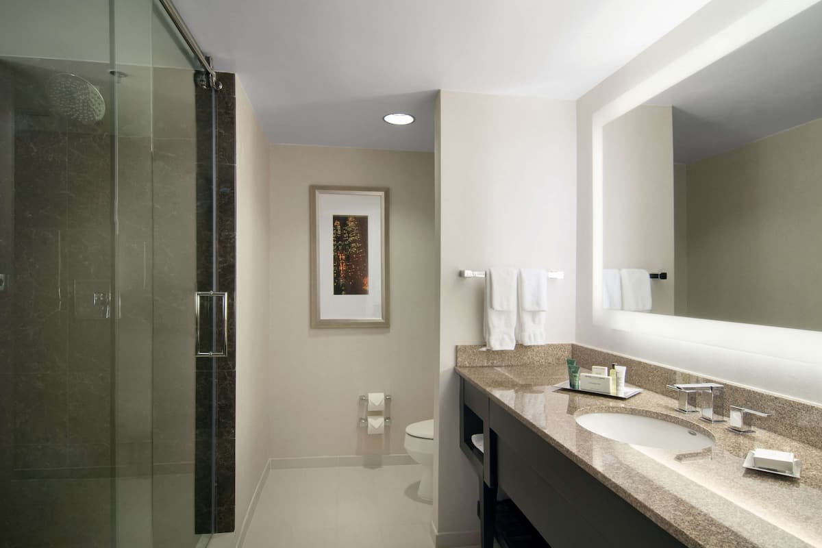 junior suite, one king bed | bathroom | combined shower/bathtub, designer toiletries, hair dryer, towels