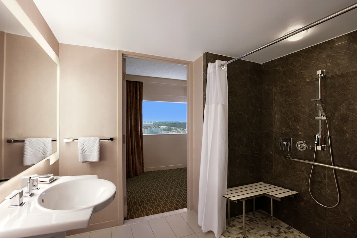 combined shower/bathtub, designer toiletries, hair dryer, towels