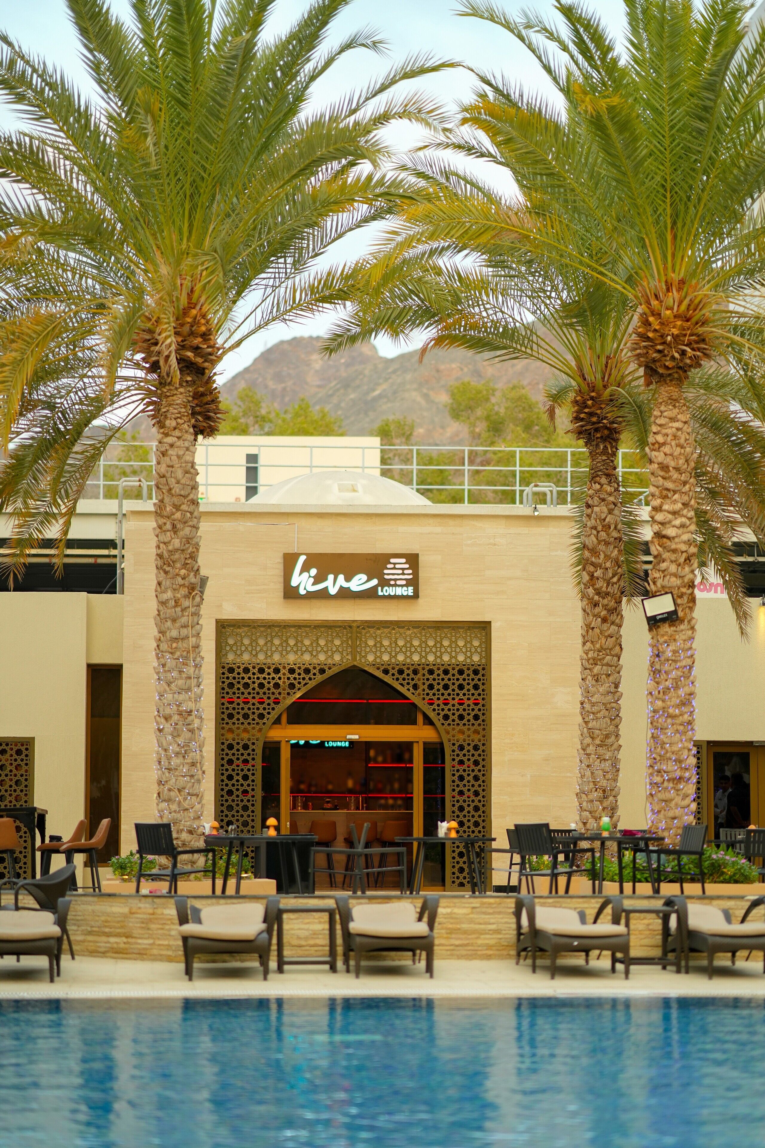 Un hotel con área de piscina, palmeras y un salón llamado 'hive lounge'.