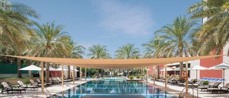 Indoor pool, outdoor pool, open 6:00 AM to 9:00 PM, pool umbrellas