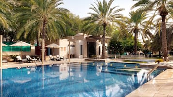 Indoor pool, pool umbrellas, pool loungers