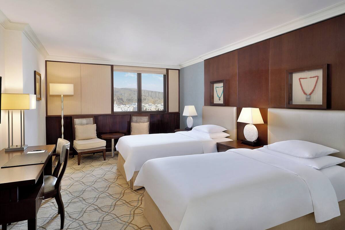 Habitación de hotel con dos camas, un escritorio, una silla y vistas a un paisaje urbano a través de amplias ventanas.