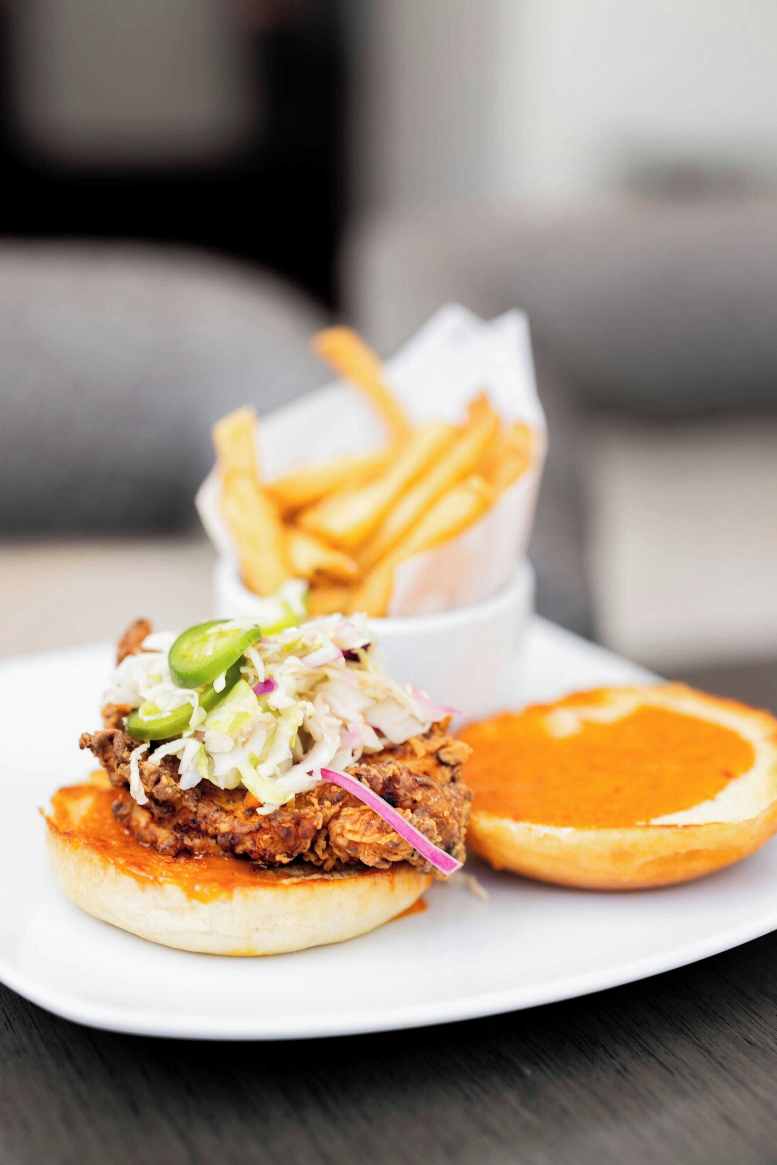 Un sandwich accompagné de salade de chou et de frites, le tout servi sur une assiette.