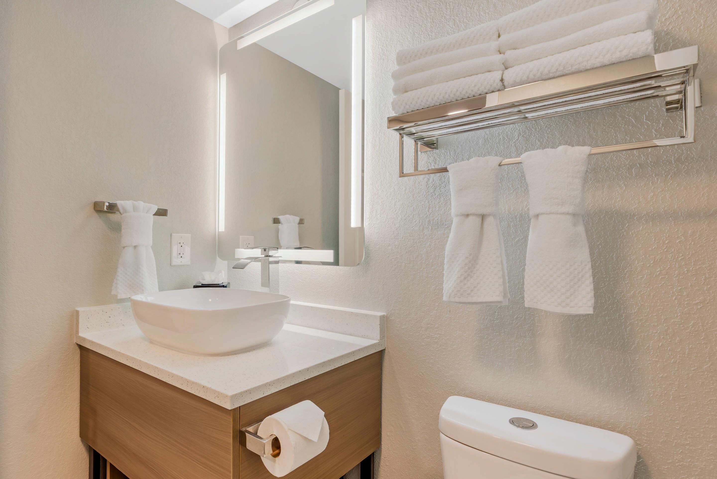 Une salle de bain moderne avec un grand lavabo, des toilettes et un porte-serviettes.