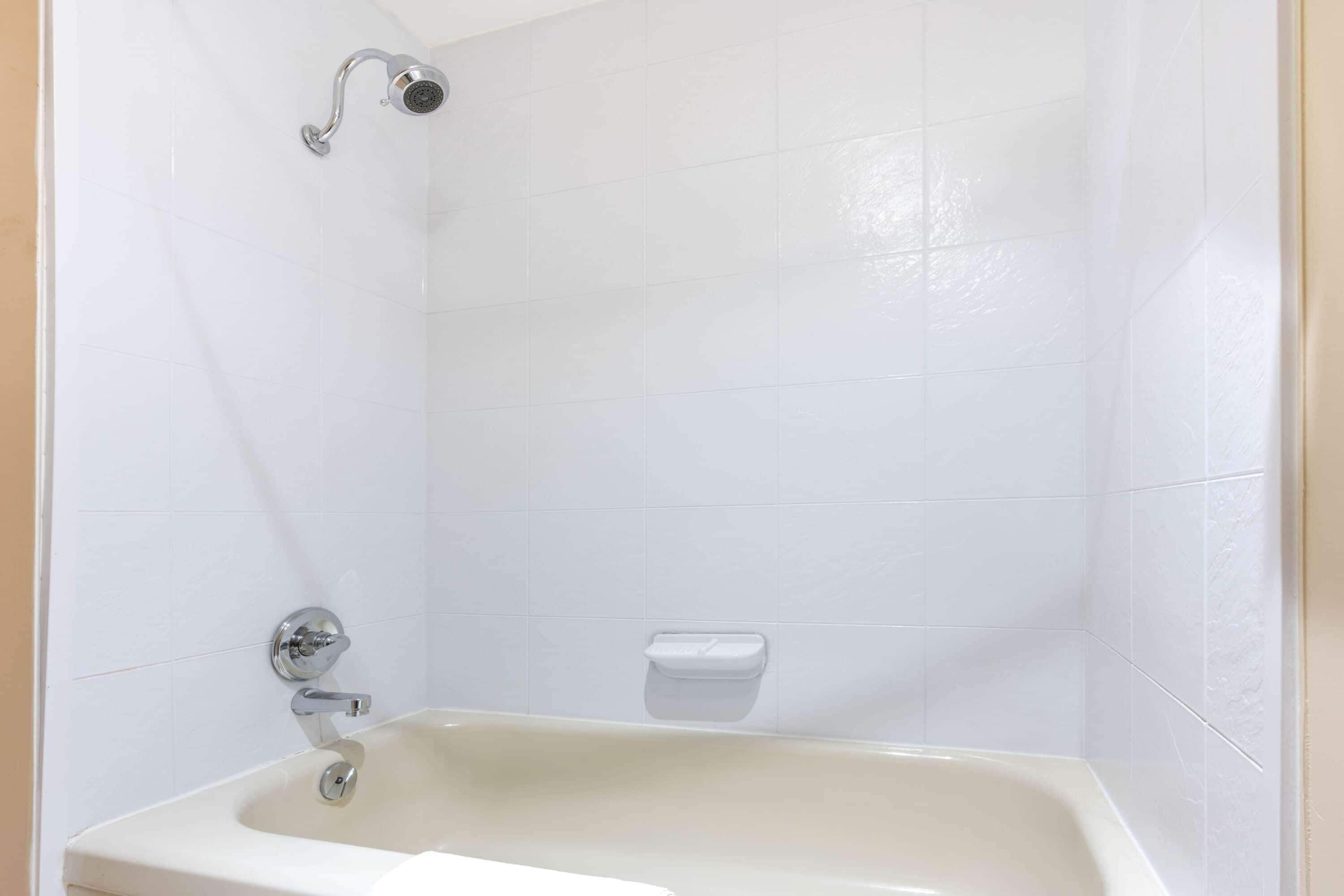 Un baño con bañera, ducha y jabonera.