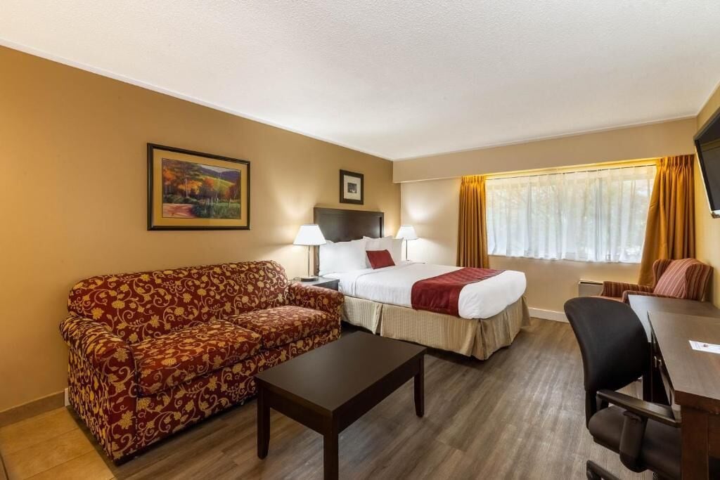 Een hotelkamer met een bed, een sofa, een bureau en een stoel.