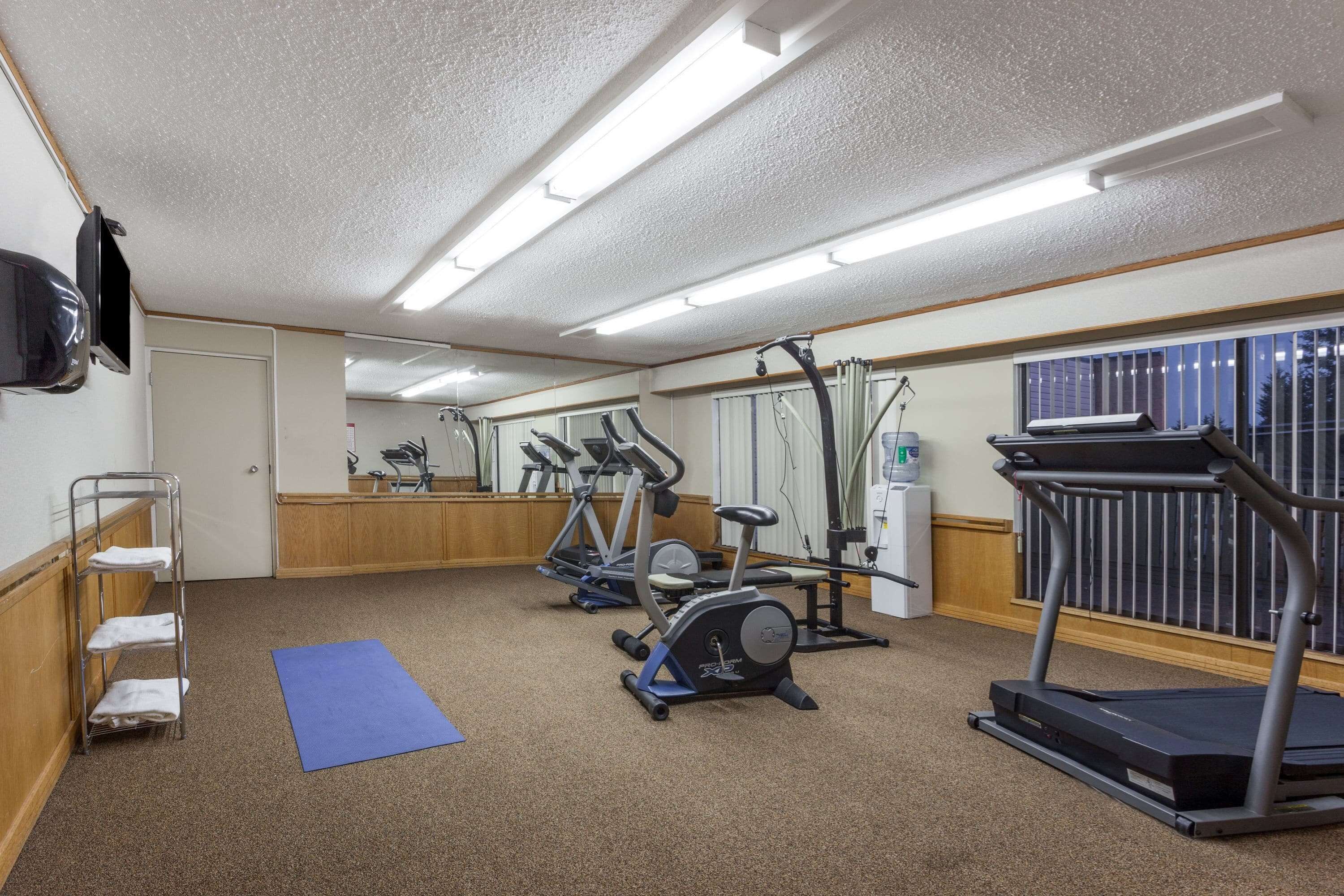 A gym with treadmills, elliptical machines, and a blue mat on the floor.
