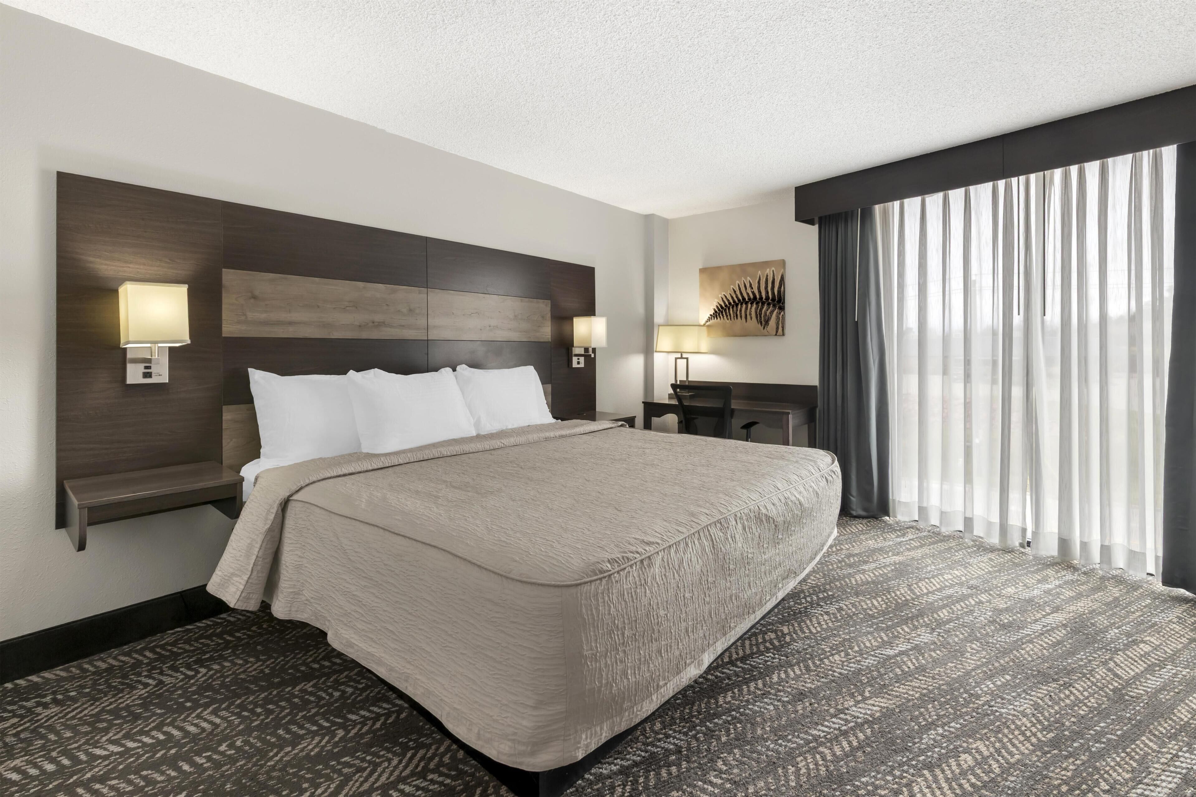 Standard Room, 1 King Bed, Accessible, Refrigerator & Microwave (Walk-in Shower) | Desk, laptop workspace, blackout drapes, iron/ironing board