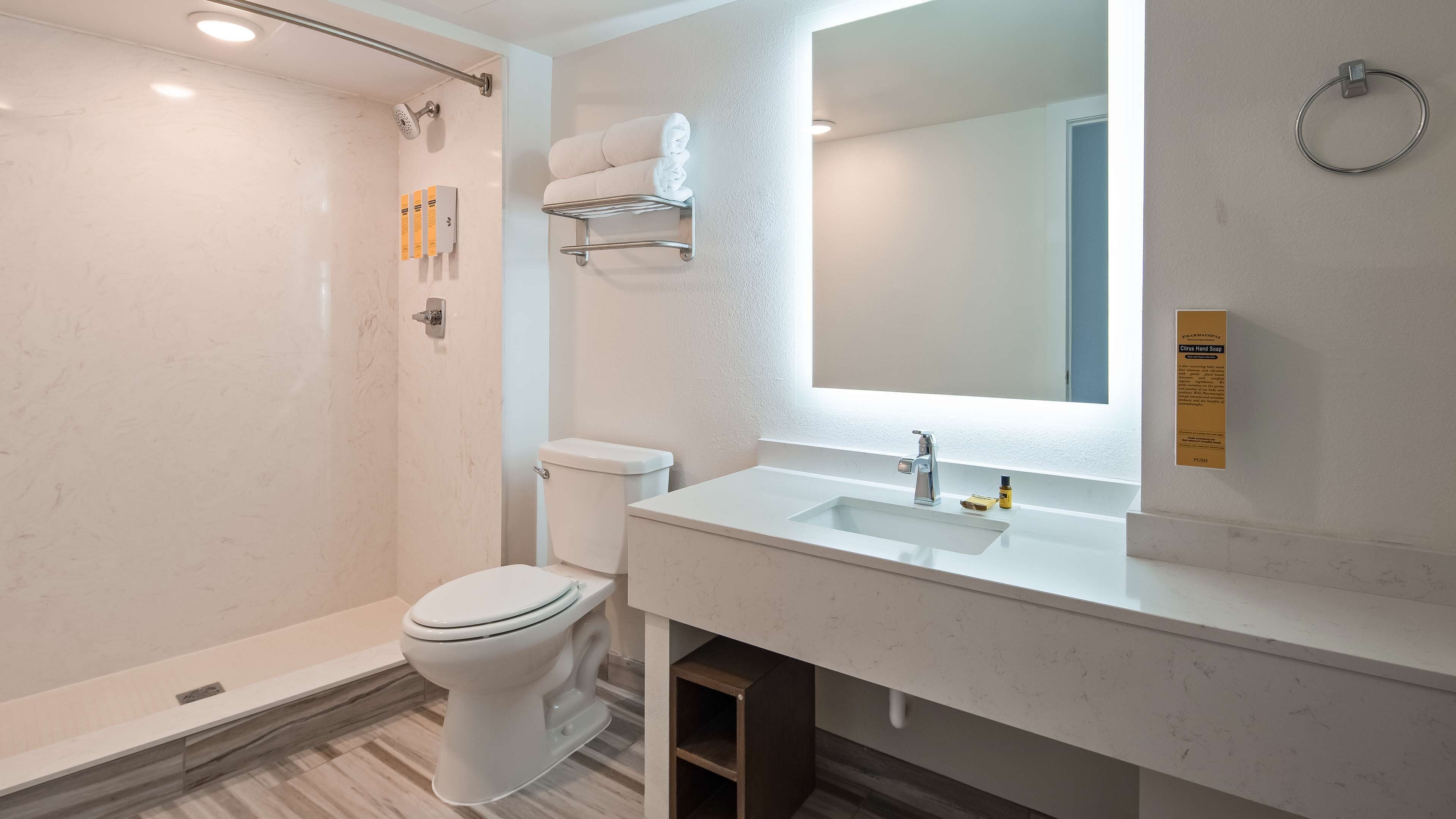 shower, rainfall showerhead, free toiletries, hair dryer