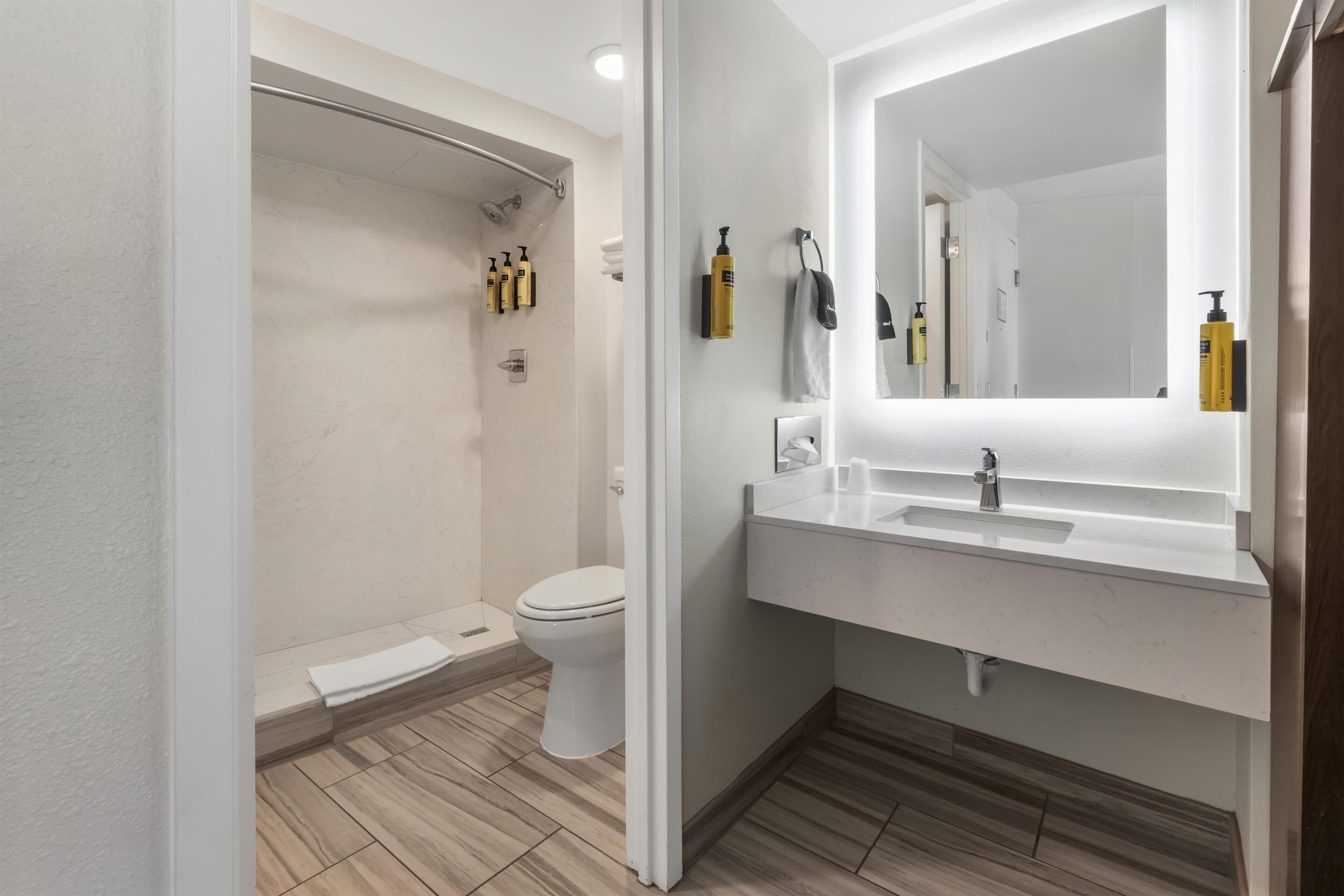 Standard Room, 2 Queen Beds, Non Smoking (Walk-in Shower;Pet Friendly) | Bathroom | Shower, rainfall showerhead, free toiletries, hair dryer