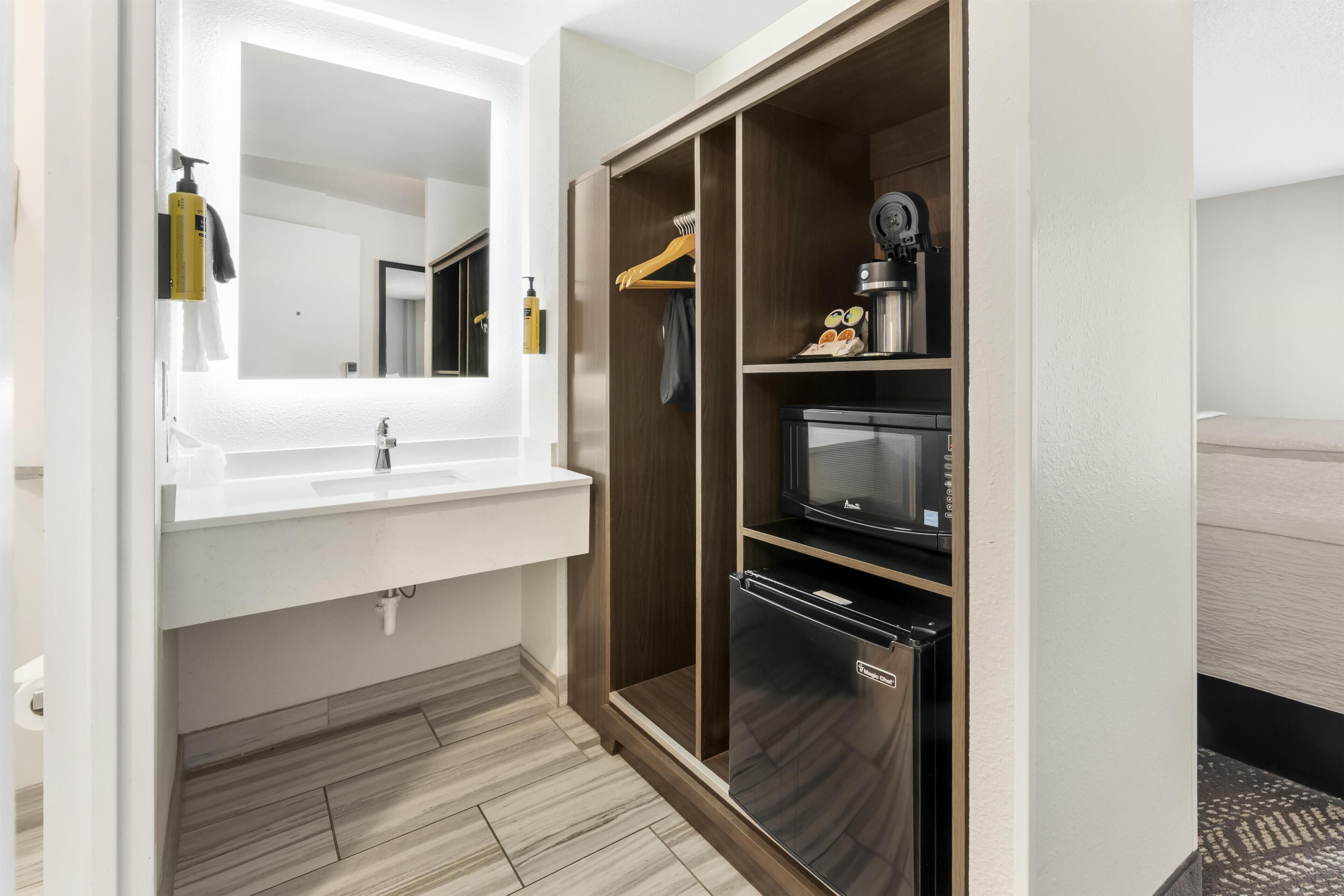Standard Room, 2 Queen Beds, Non Smoking, Refrigerator & Microwave (Walk-in Shower) | Desk, laptop workspace, blackout drapes, iron/ironing board