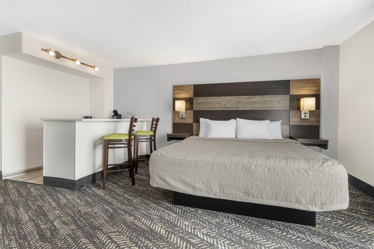 Ein Hotelzimmer mit einem Bett, einem Schreibtisch, zwei Stühlen und einem gemusterten Teppich.