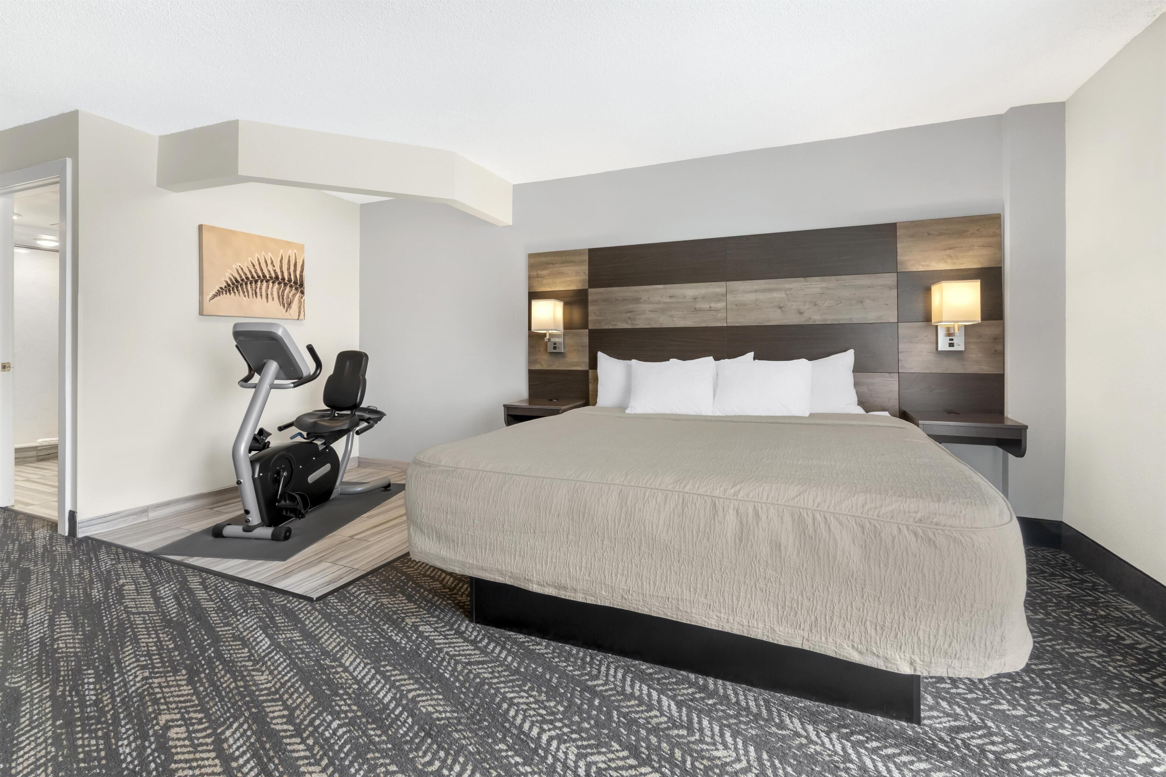 A hotel room with a large bed, exercise bike, two bedside lamps, and a wall-mounted artwork.