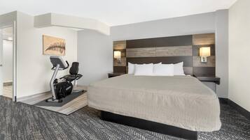 A hotel room with a large bed, exercise bike, two bedside lamps, and a wall-mounted artwork.
