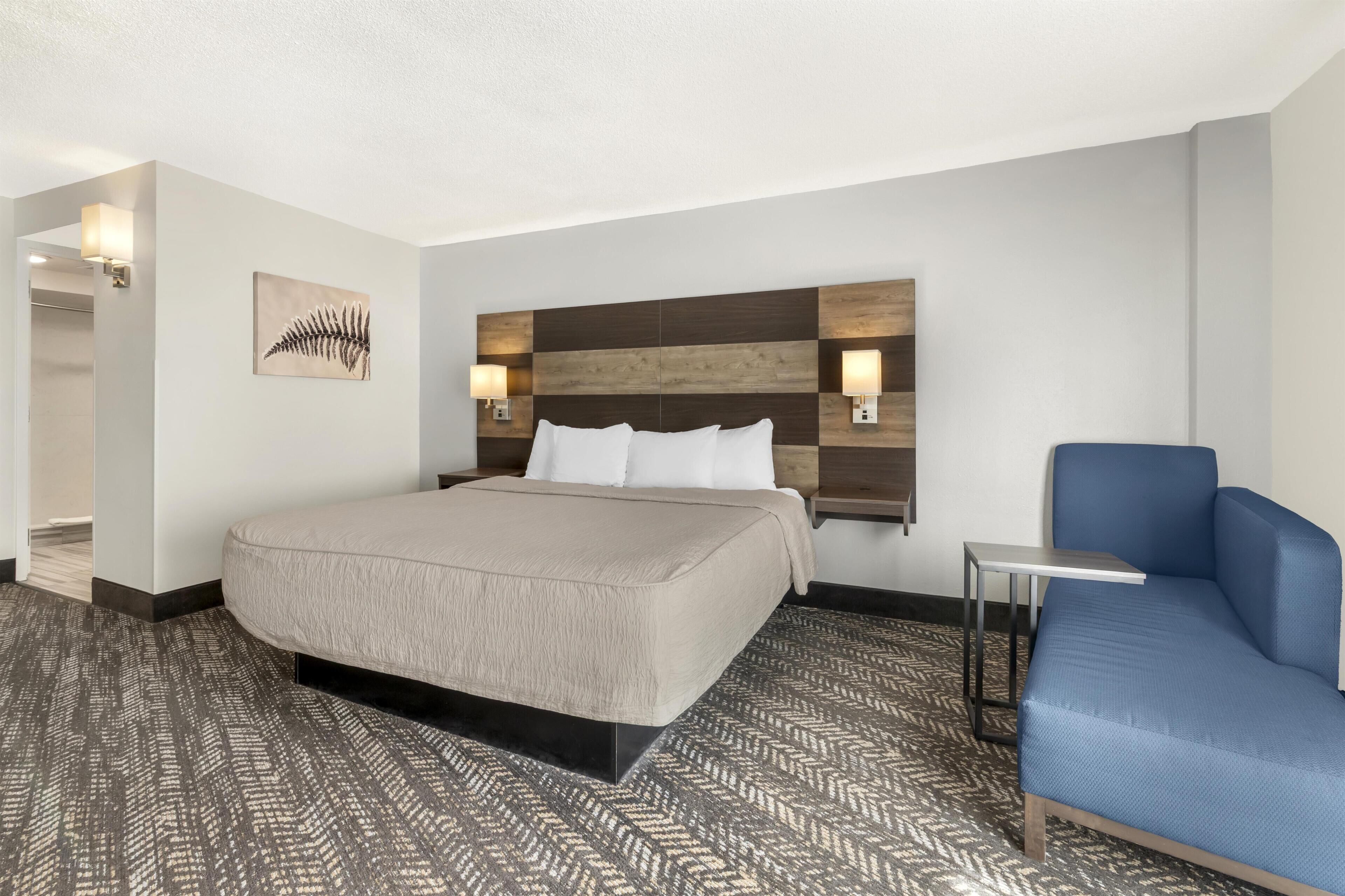 Standard Room, 1 King Bed, Non Smoking, Refrigerator & Microwave (Walk-in Shower) | Desk, laptop workspace, blackout curtains, iron/ironing board