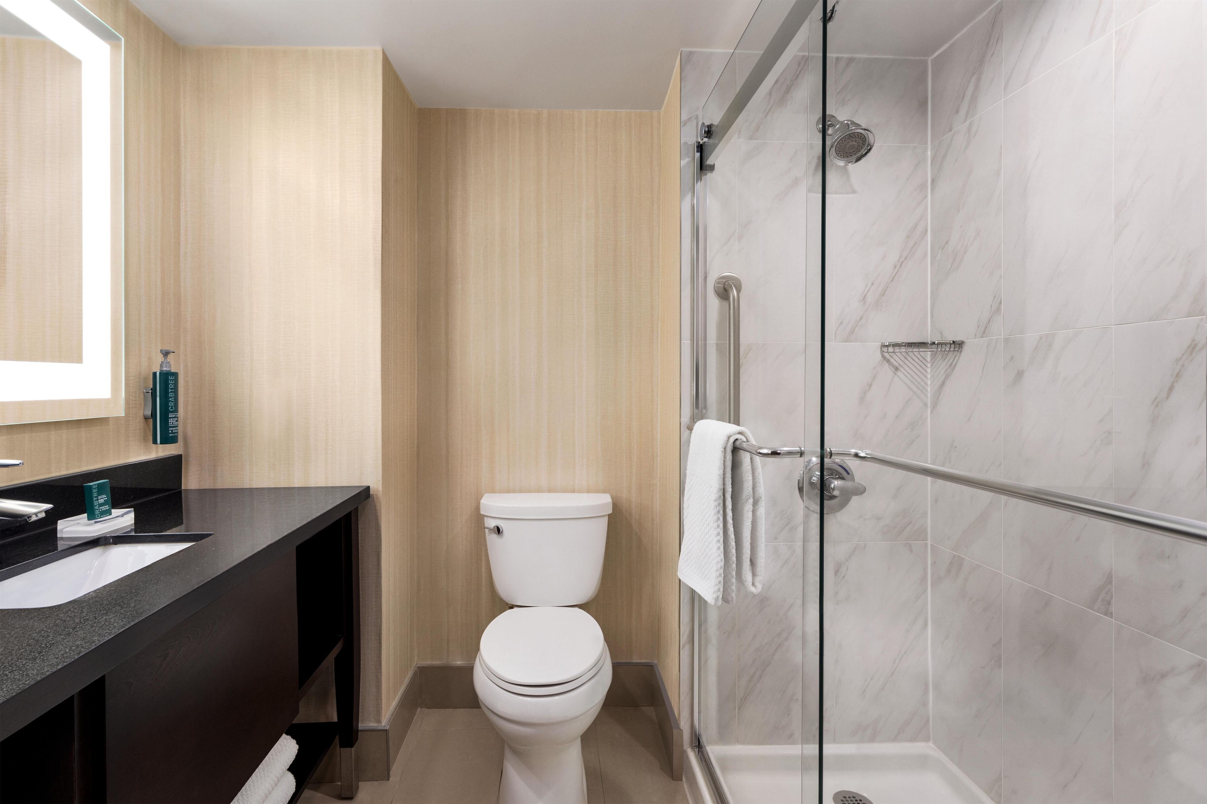 A modern bathroom with a toilet, sink, and glass shower enclosure.