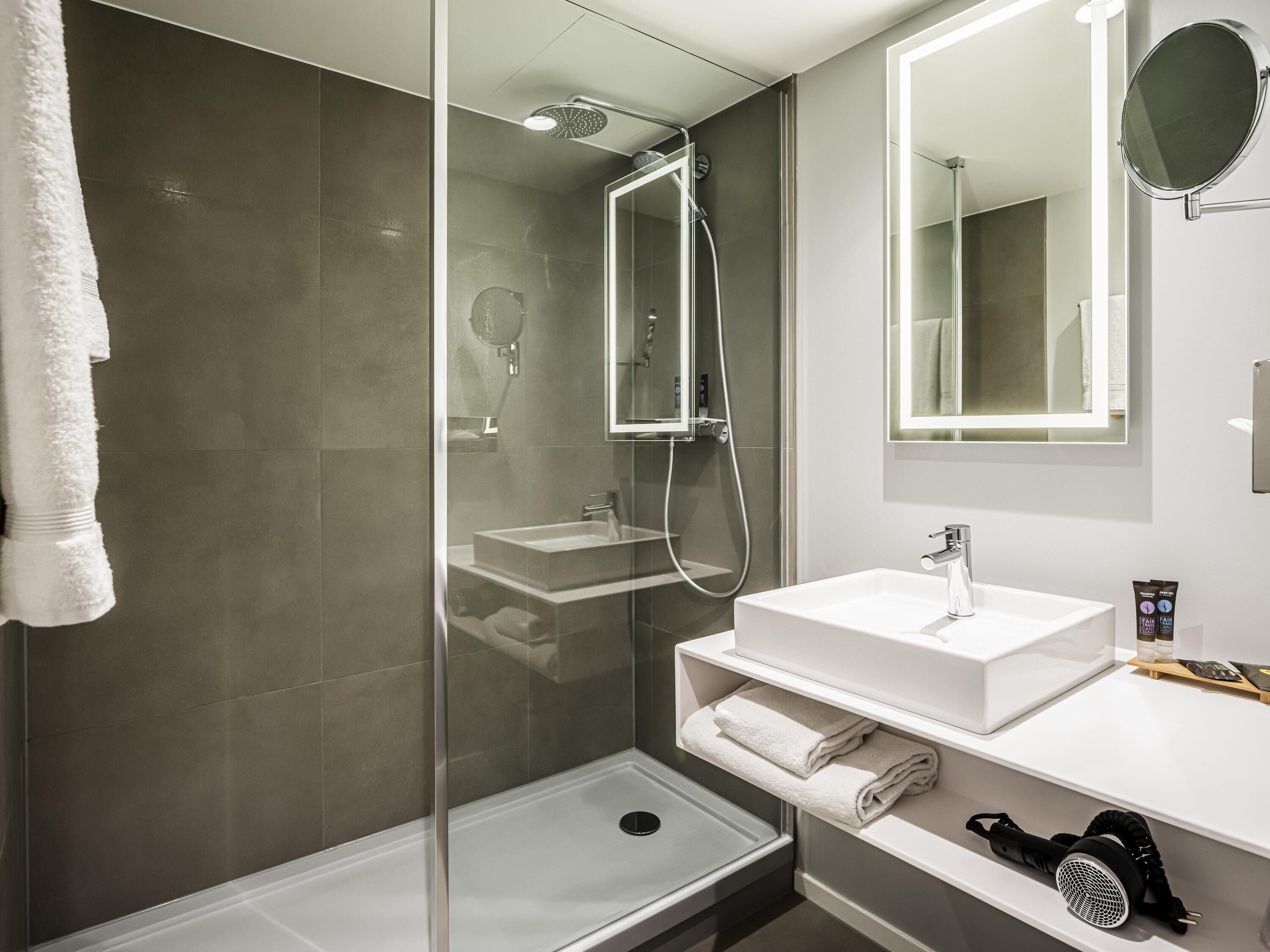 A modern bathroom with a glass shower enclosure, a white sink, and a mirror.