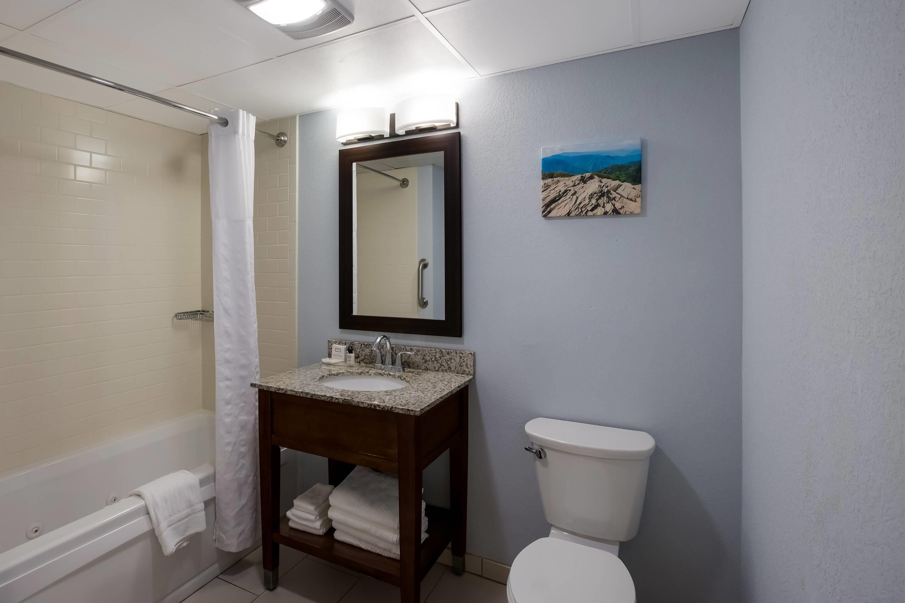 A bathroom with a bathtub, a sink with a mirror, and a toilet.