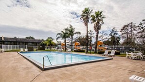 A swimming pool with a concrete deck, surrounded by palm trees and white lounge chairs.