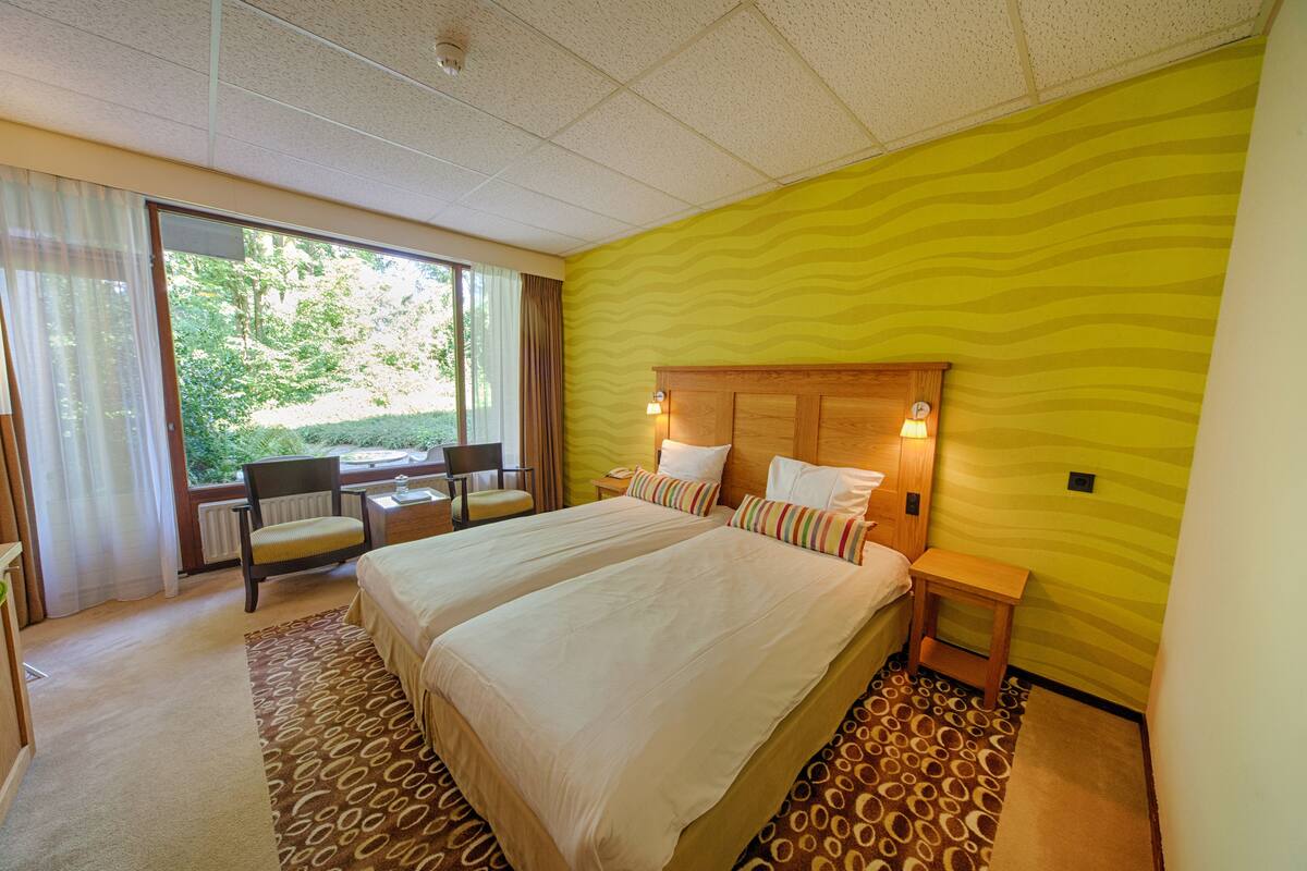 Habitación de hotel con dos camas, un escritorio y una silla.
