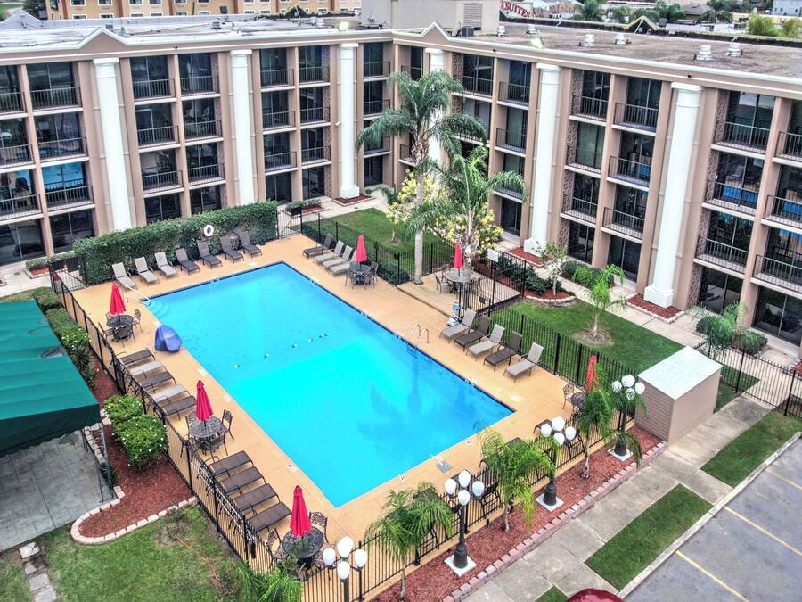 A rooftop pool with sun loungers and umbrellas, surrounded by a fence and greenery.