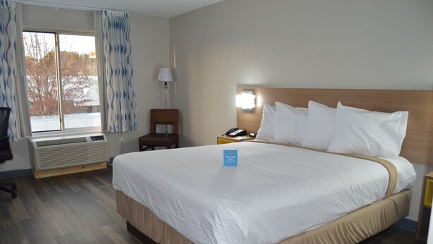 A hotel room with a large bed, a nightstand with a lamp, a chair, and a window with curtains.