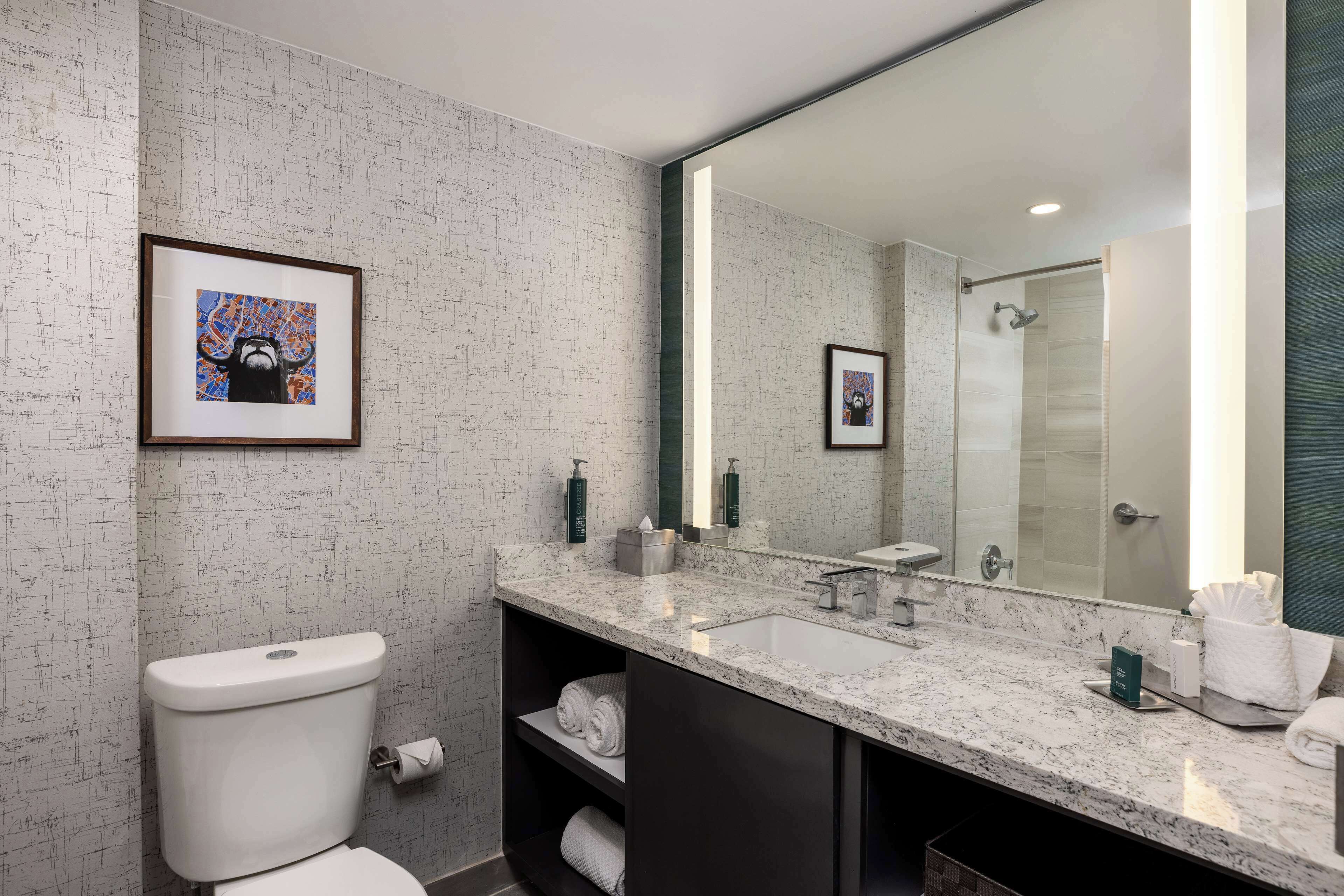A modern bathroom with a marble sink, large mirror, and framed artwork on the wall.
