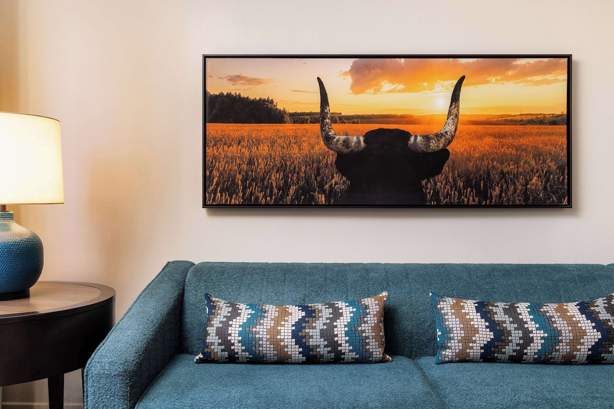 A living room with a sofa and two patterned cushions, a framed picture of a bull's head, and a lamp on a side table.