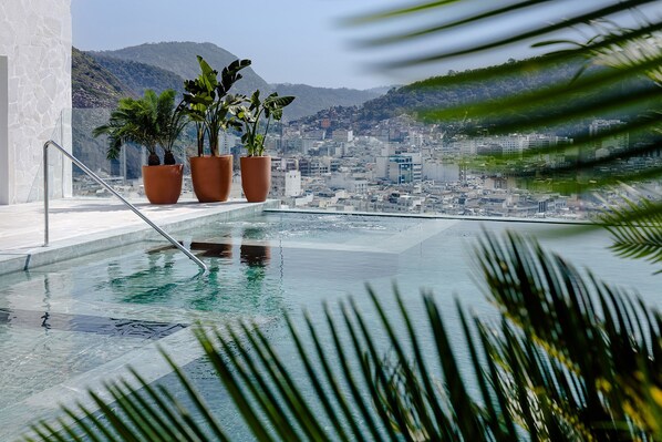 An infinity pool with a cityscape view, potted plants, and a metal handrail. - Othon Palace Copacabana Rio (Rio de Janeiro)