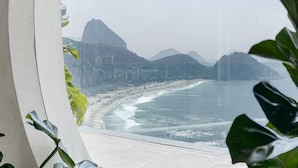 A view of a beach with mountains in the background, framed by a window with green plants in the foreground.
