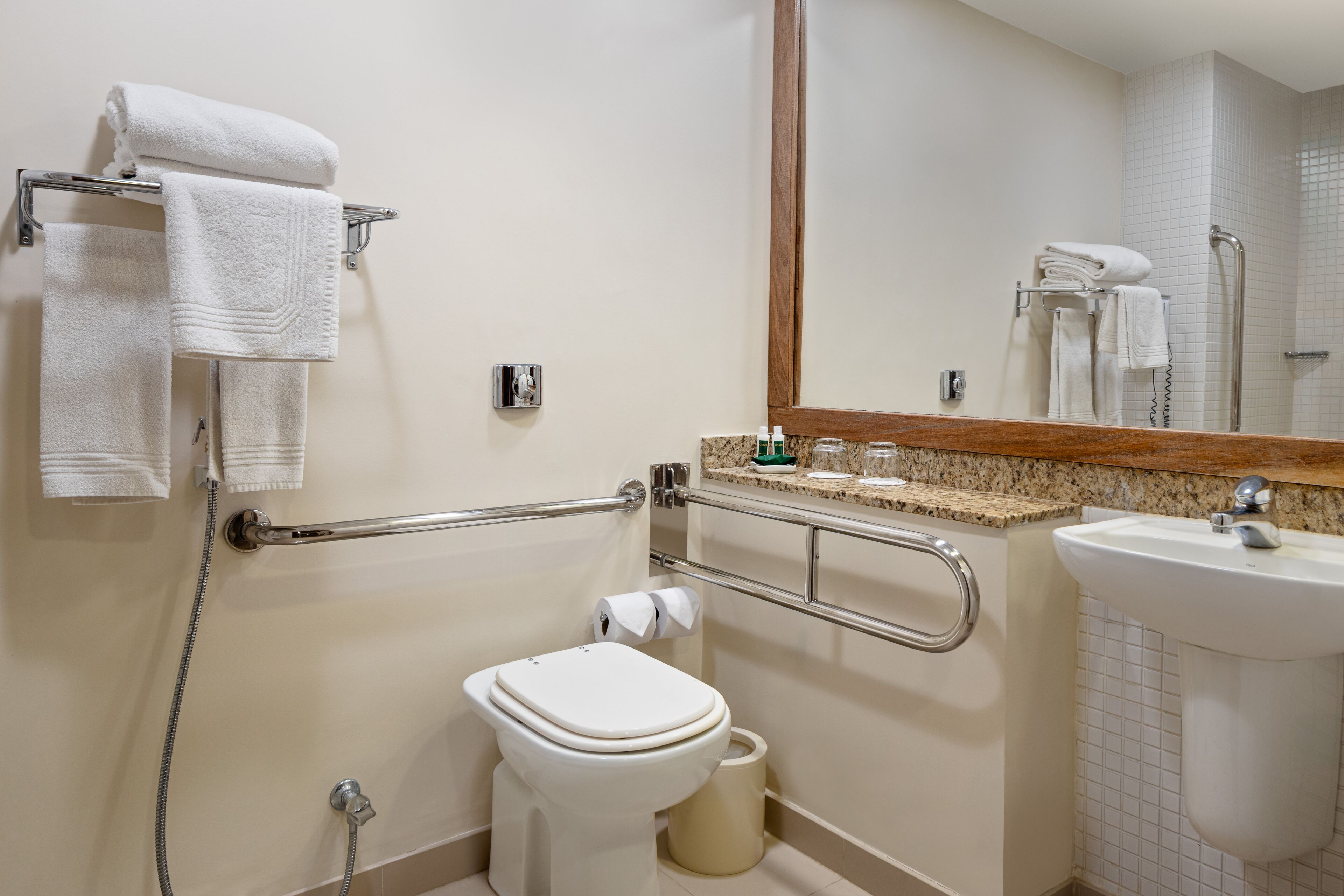 Une salle de bain équipée de toilettes, d’un lavabo et de barres d’appui.