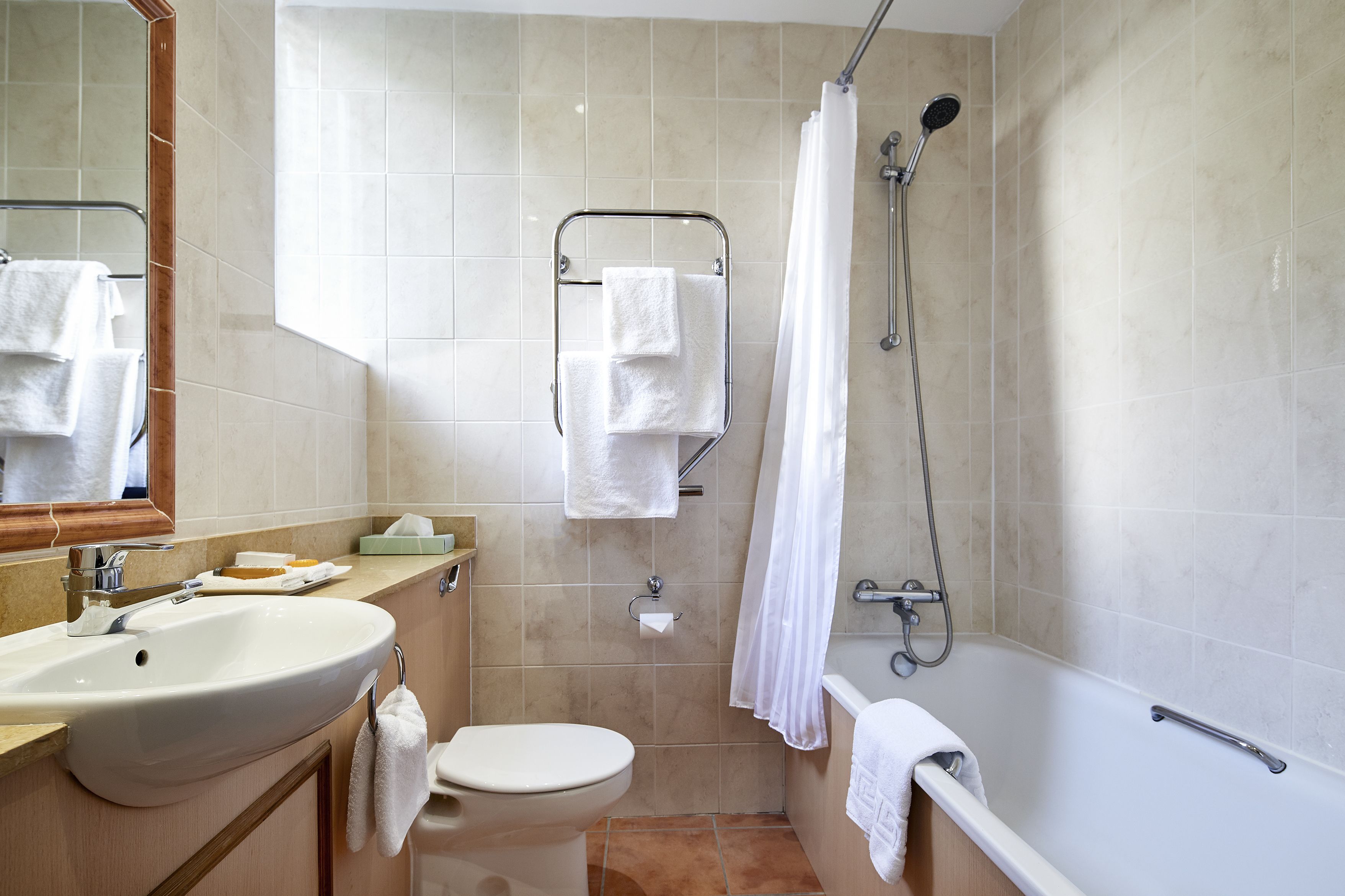 combined shower/bathtub, eco-friendly toiletries, hair dryer, towels