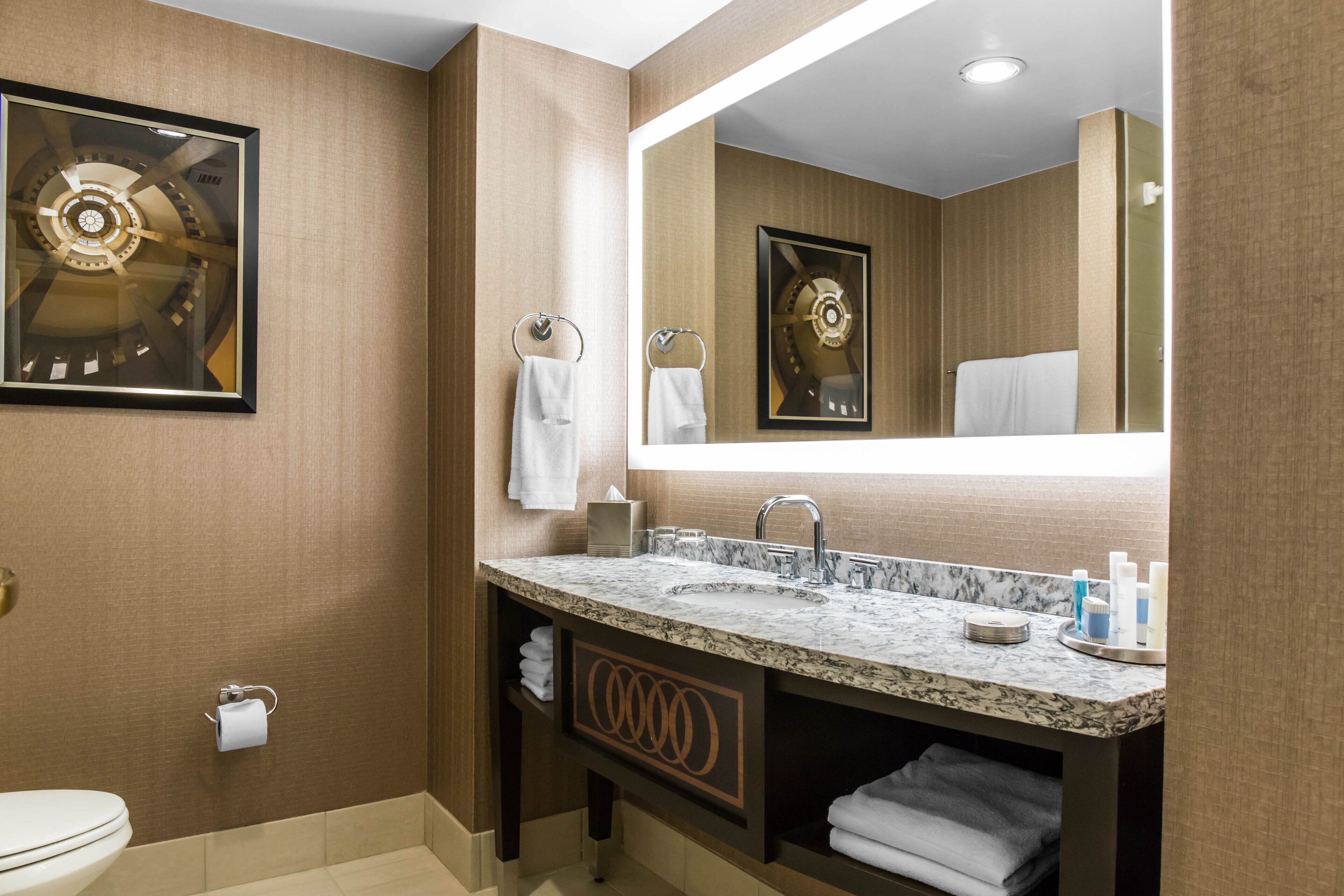 A bathroom with a marble sink, a large mirror, and a toilet.