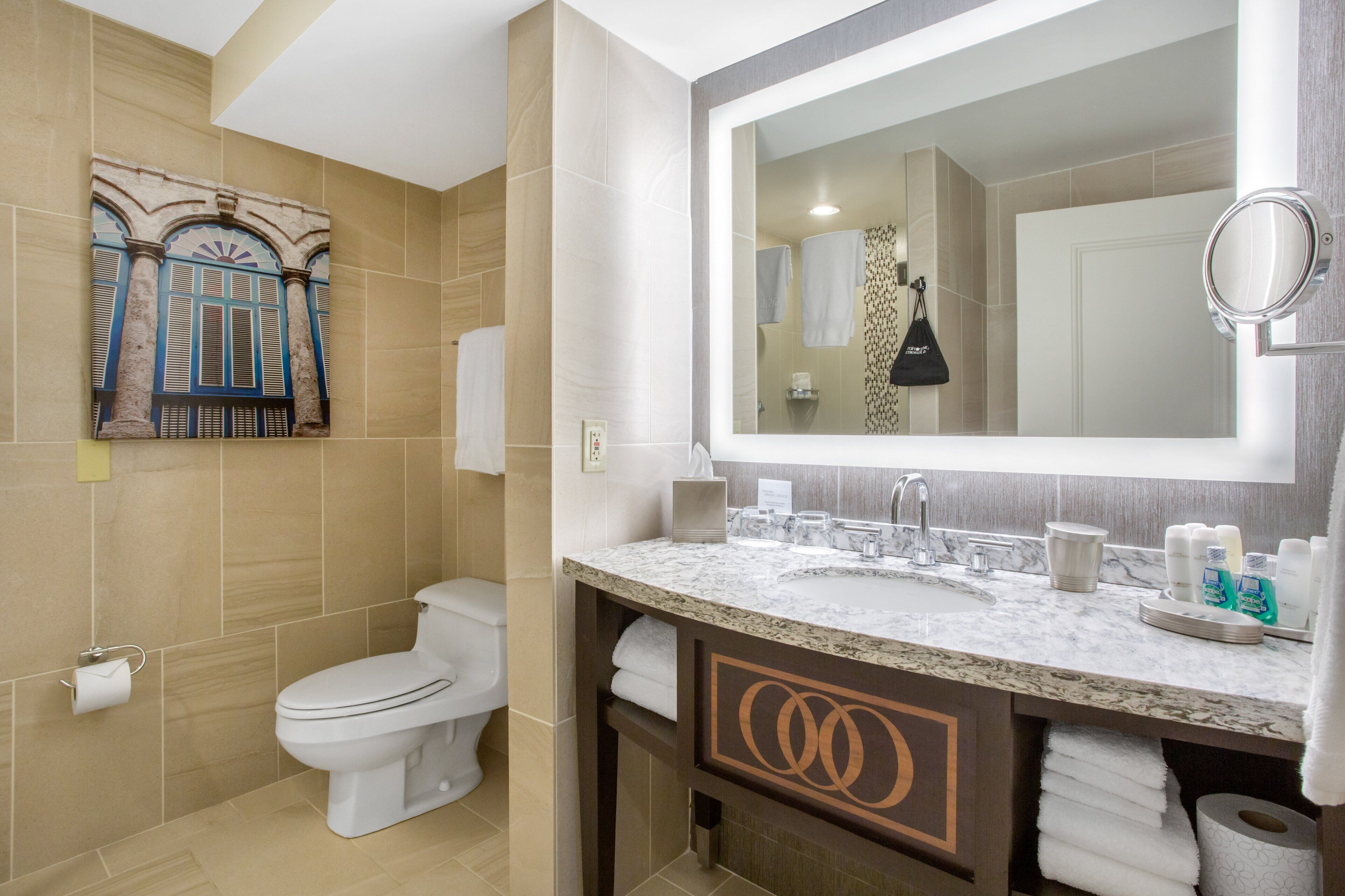 combined shower/bathtub, free toiletries, hair dryer, bathrobes