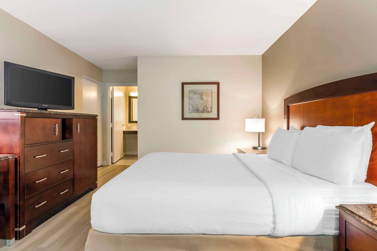 A hotel room with a large bed, a flat-screen TV on a wooden cabinet, a framed picture on the wall, and a nightstand with a lamp.