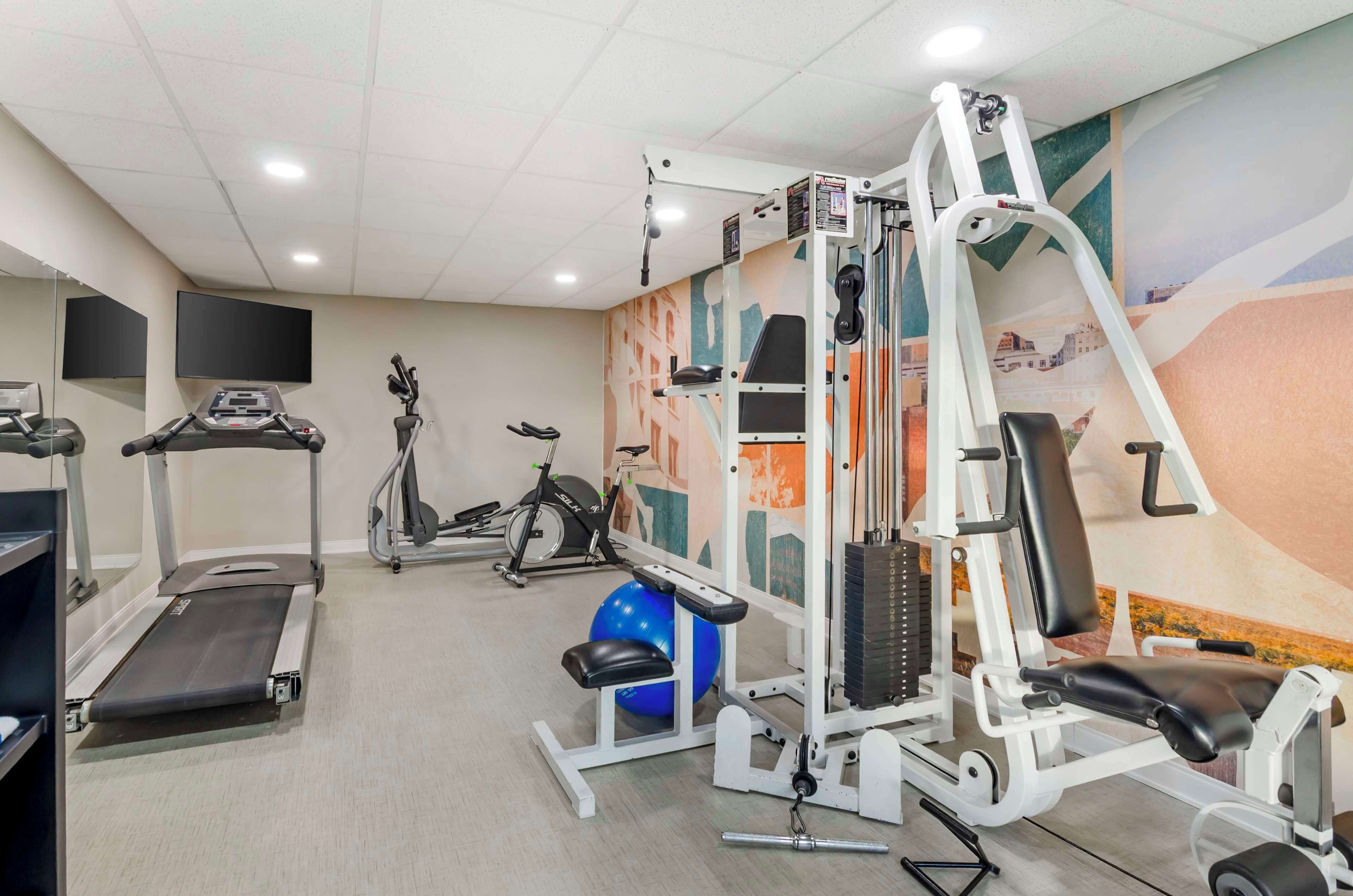 Une salle de sport équipée de tapis de course, de vélos d’appartement et d’appareils de musculation.