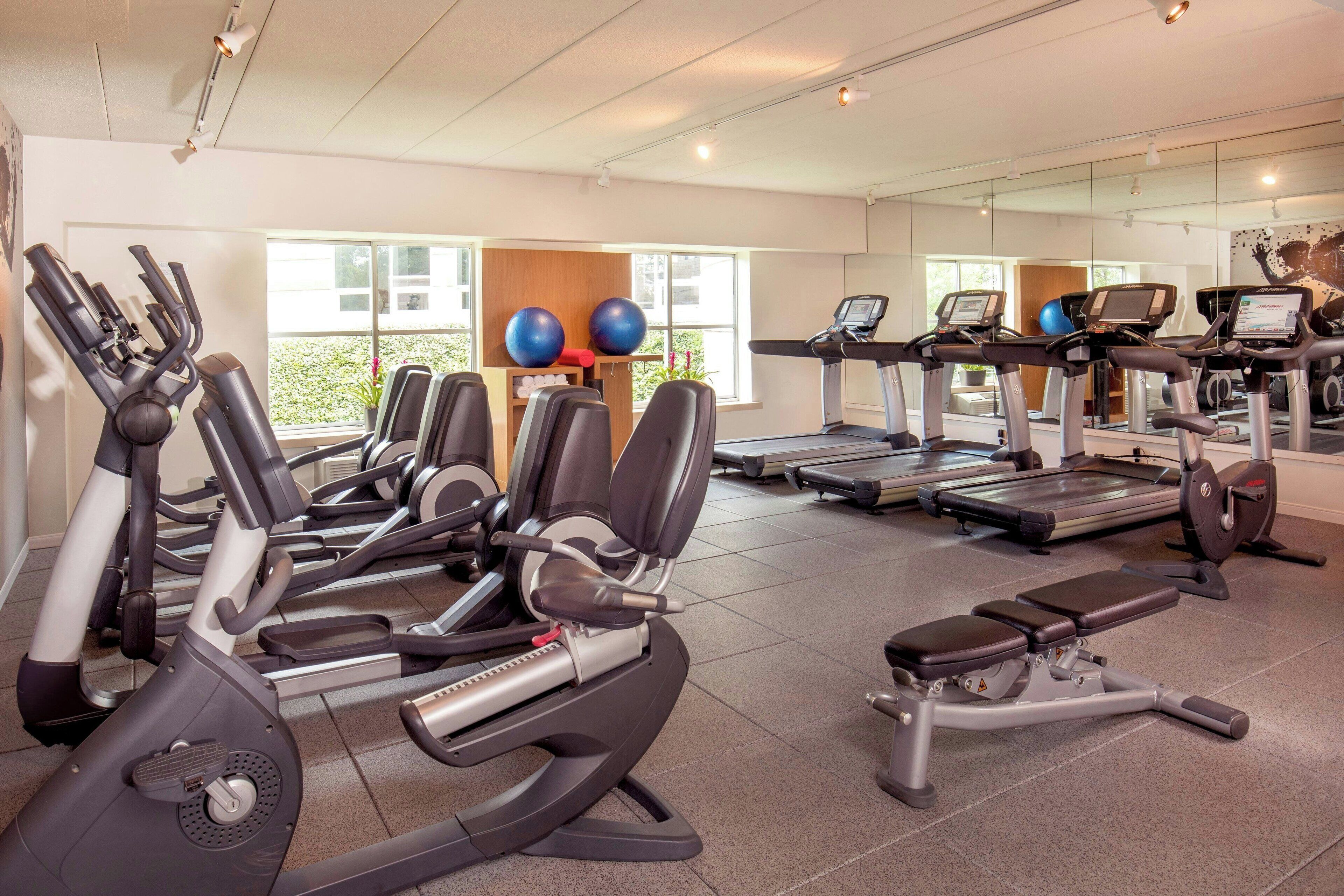 A gym with various cardio machines, a bench, and exercise balls.