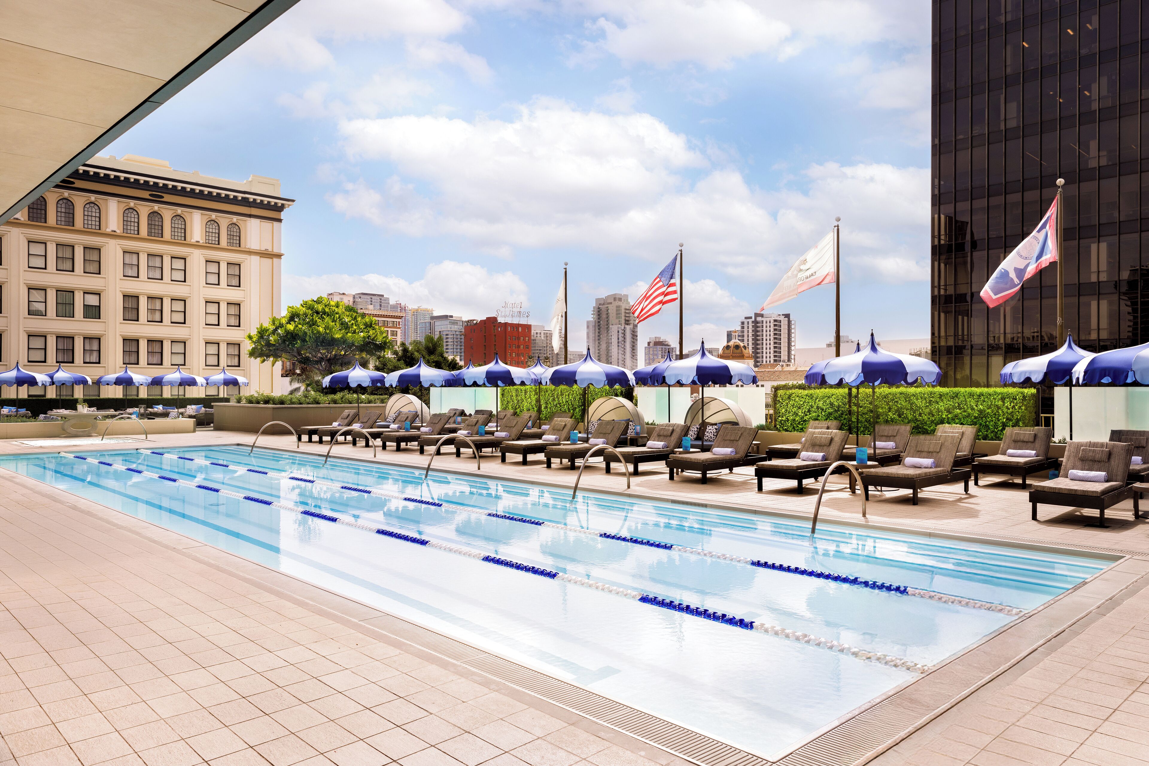 outdoor pool, pool loungers