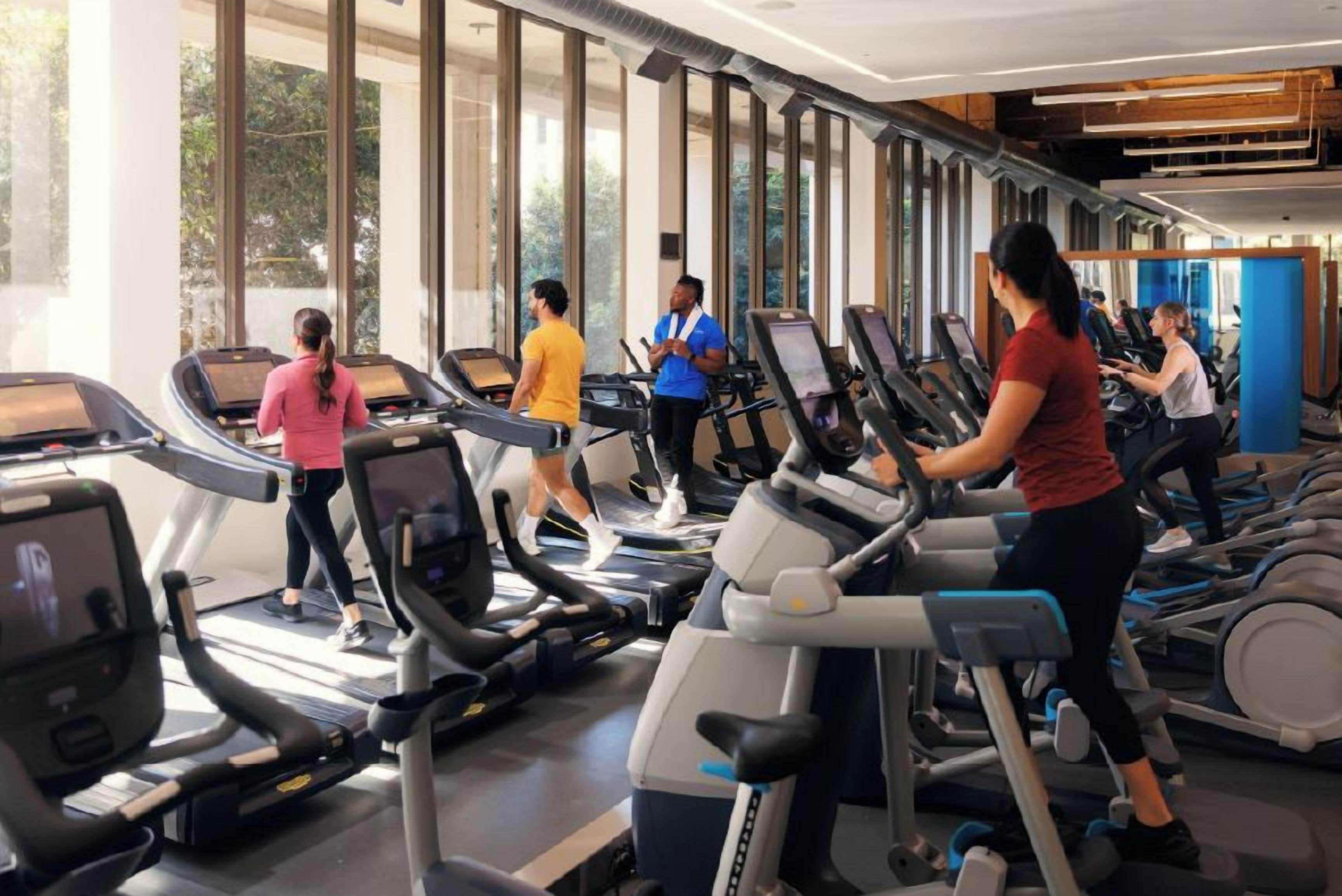 A gym with multiple treadmills and elliptical machines, large windows, and a modern interior design.