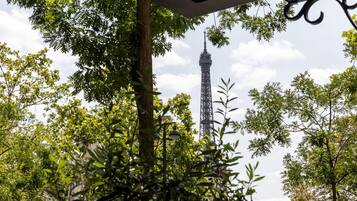 A view of the Eiffel Tower through dense foliage.