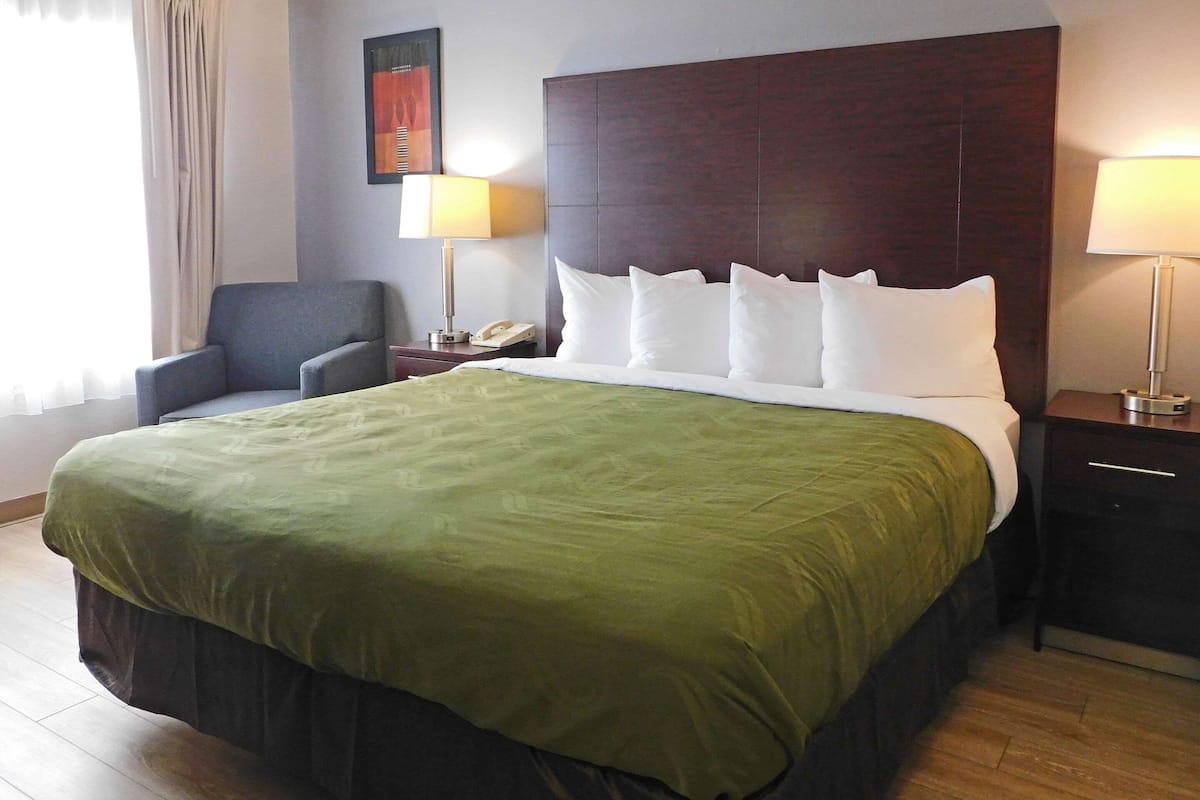 A hotel room with a large bed, a nightstand, a chair, and a lamp.