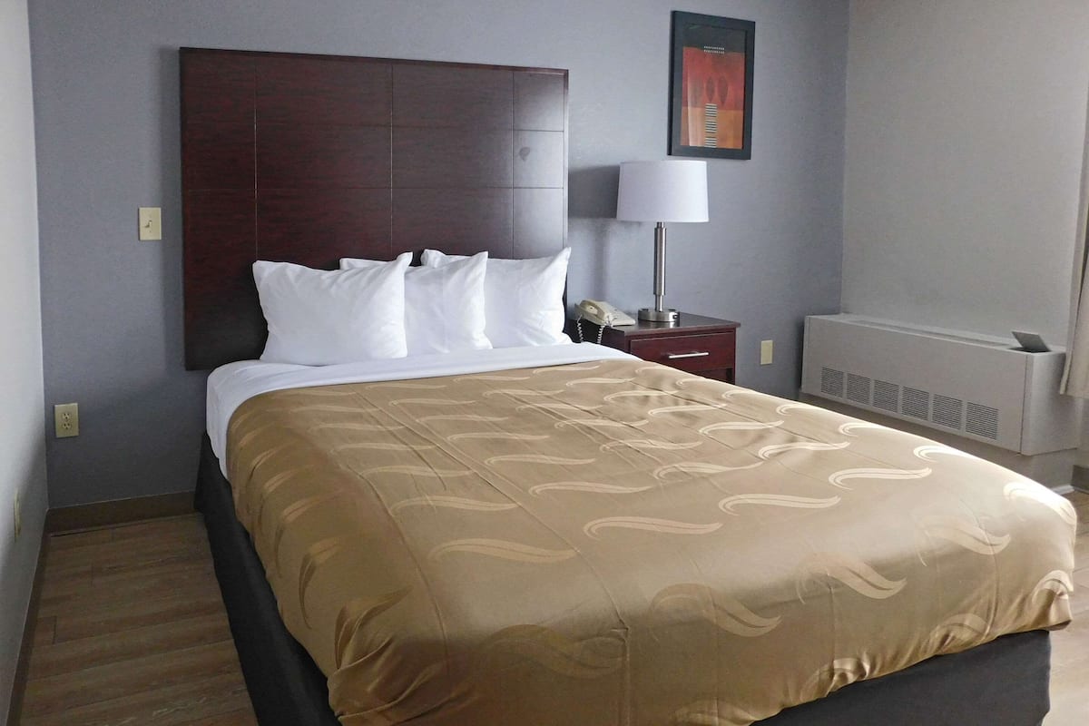 A hotel room with a large bed, a bedside table with a lamp, a phone, and a radiator.
