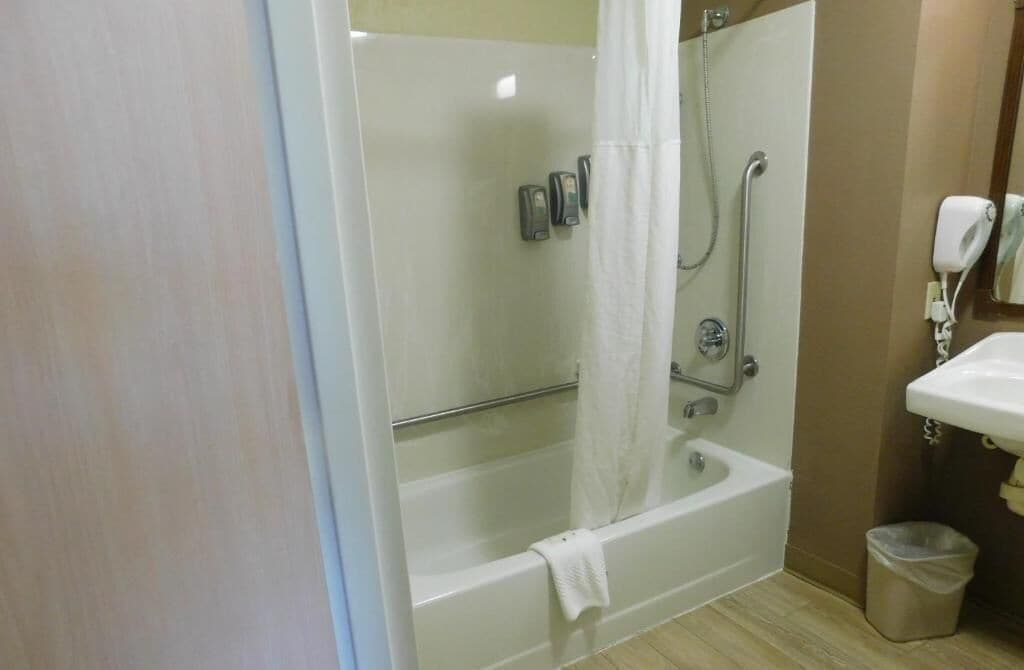 combined shower/bathtub, hair dryer, towels